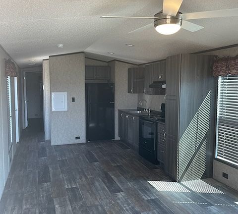 Living room, dining room and kitchen