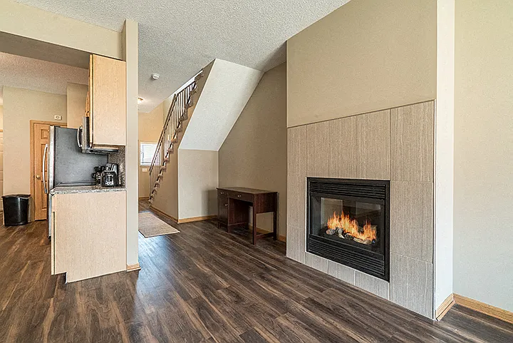 Cozy up by the fireplace in this contemporary living space.