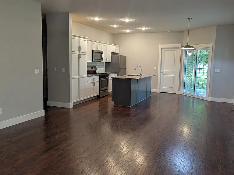 Kitchen, dining, and living room