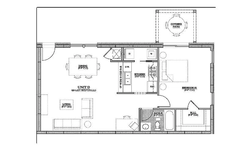 Floor plan 1 bedroom Patio