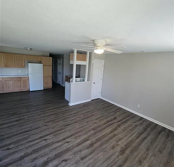 open Living room space with hallway closet and ceiling fan