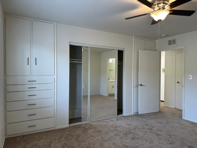 Bedroom Closet and Built In Storage Cabinets and Drawers with Ceiling Fan