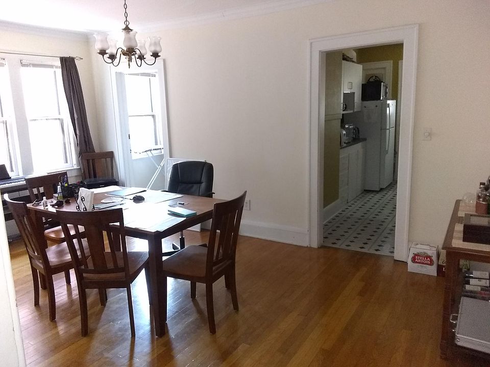 Hardwood floor in dining room.