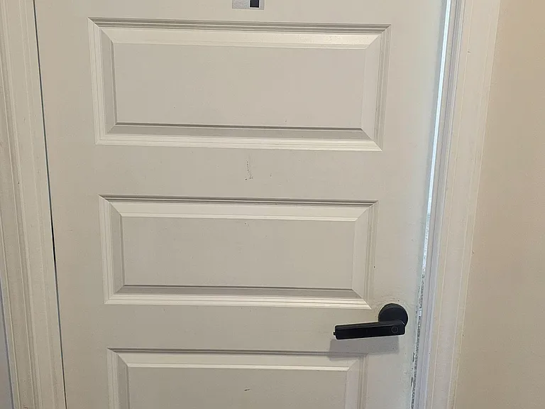 Interior hallway entry with a paneled door and lever handle providing access to a private room.