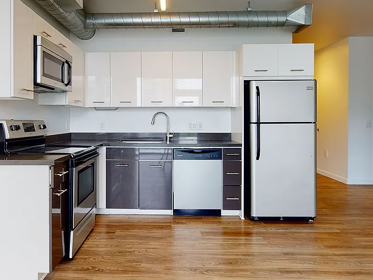 Apartment kitchen with stainless steel appliances, quartz countertops and wood-style or concrete flooring.