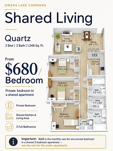 Floor plan 3 Bed 2 Bath Shared Living Apartment