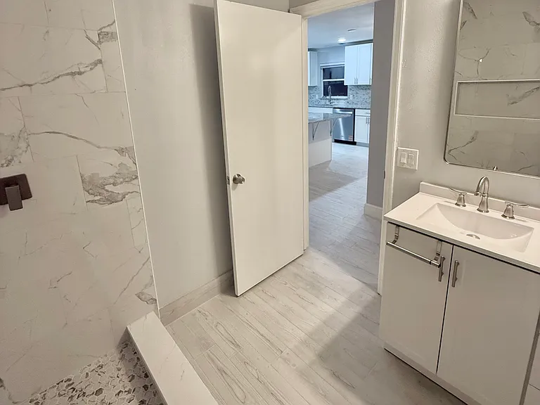 Main bathroom view into hallway