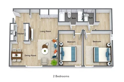 Floor plan Two Bedroom, One And A Half Bathroom | 1