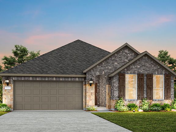 The Bell, a one-story home with 2-car garage, shown with Home Exterior B