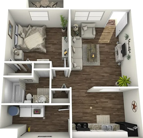 1 Bed 1 Bath Floorplan Diagram