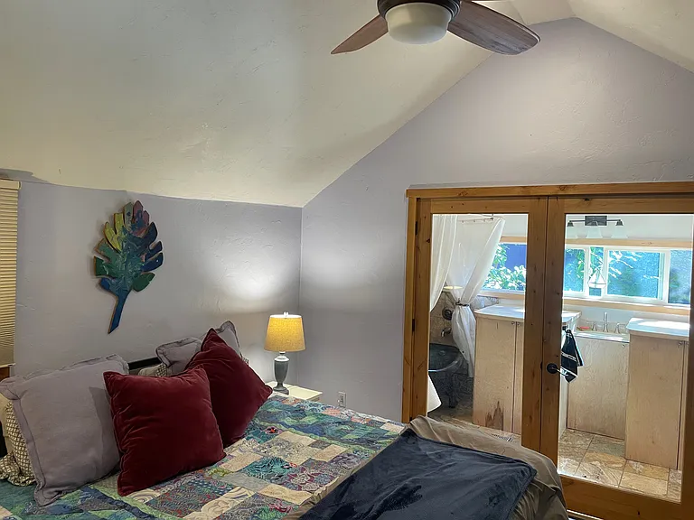 primary large bedroom with king bed and walk-in closet. Adjoining bathroom behind french doors