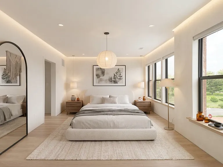 Rendition of furnished bedroom. There is a ceiling fan instead of chandelier and dark wood floors.