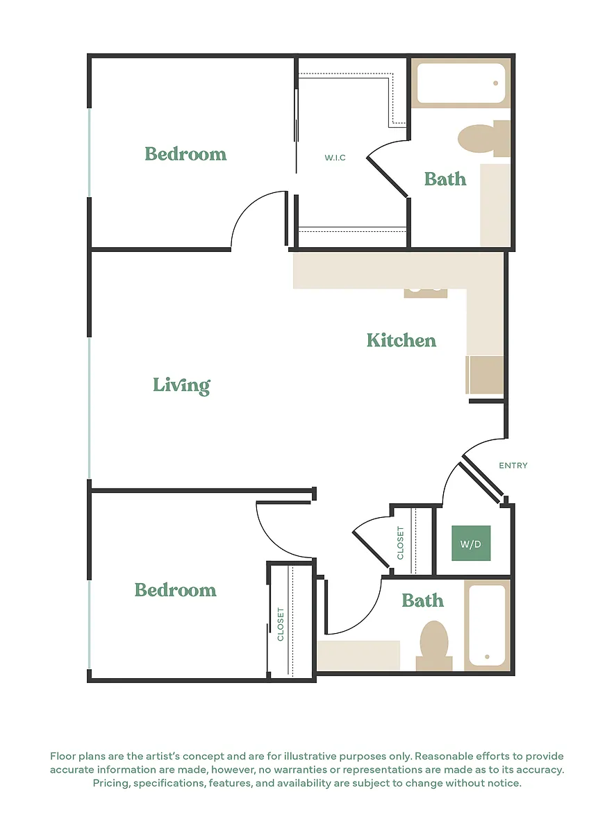 Floor plan 2 Bed, 2 Bath - Apt A