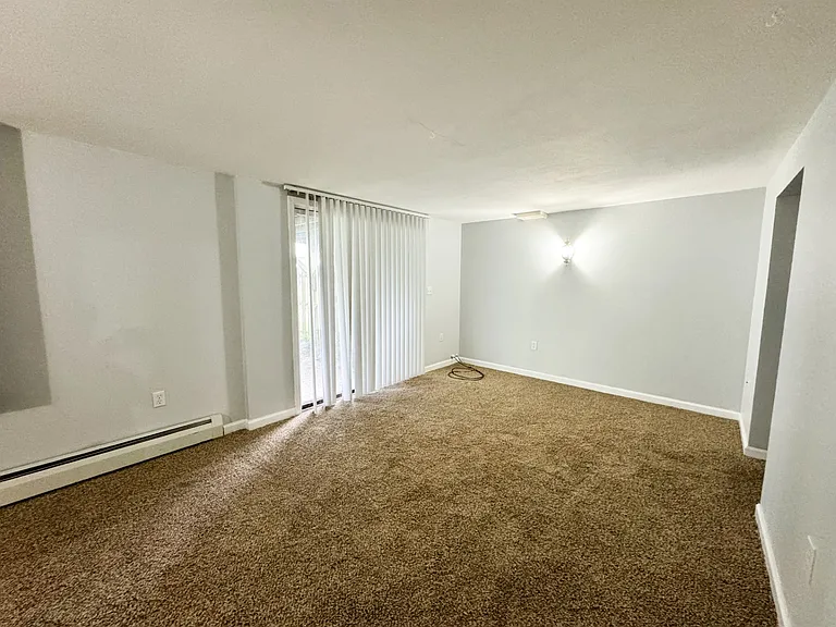 Downstairs living room with walk out sliding door to backyard. Small patio.
