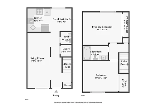 Floor plan 2 Bedroom 1 and a half Bath Townhome