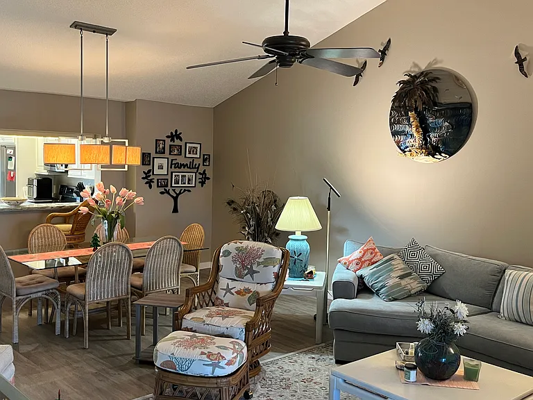 Large living room with vaulted ceiling and open floor plan.
