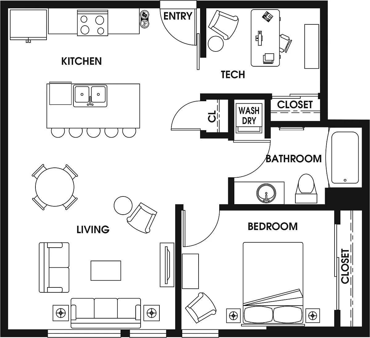 Floor plan 1 Bed/1 Bath Den ARCH-B4