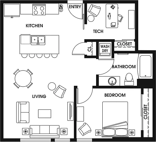 Floor plan 1 Bed/1 Bath Den ARCH-B4
