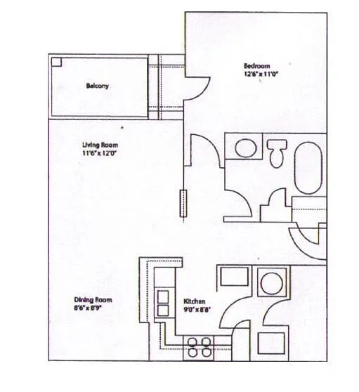Floor plan 1 Bedroom, 1 Bath