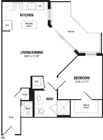 Floor plan 1 Bedroom, 1 Bath 713 SF A4