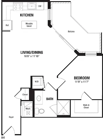Floor plan 1 Bedroom, 1 Bath 713 SF A4