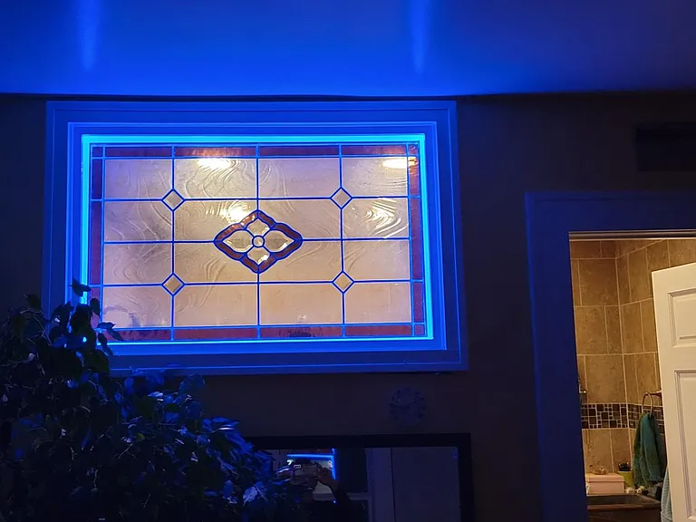 stained glass into bathroom