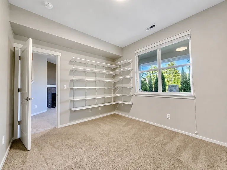 Basement bedroom with plenty of added shelving