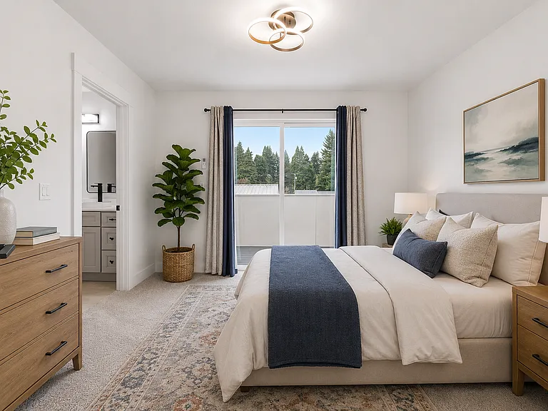 Primary bedroom with balcony access. 

Photos may include AI-generated virtual staging to help visualize the home's potential. Finishes and layout remain unchanged.