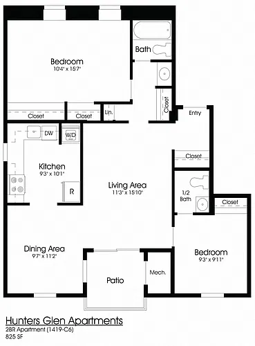 Floor plan 2BR 1.5BA (825sf)