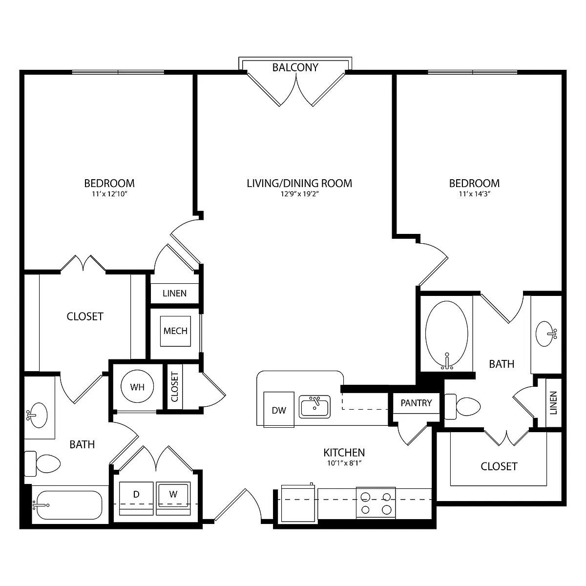Floor plan 2 Bedroom, 2 Bath 1068 SF KC1