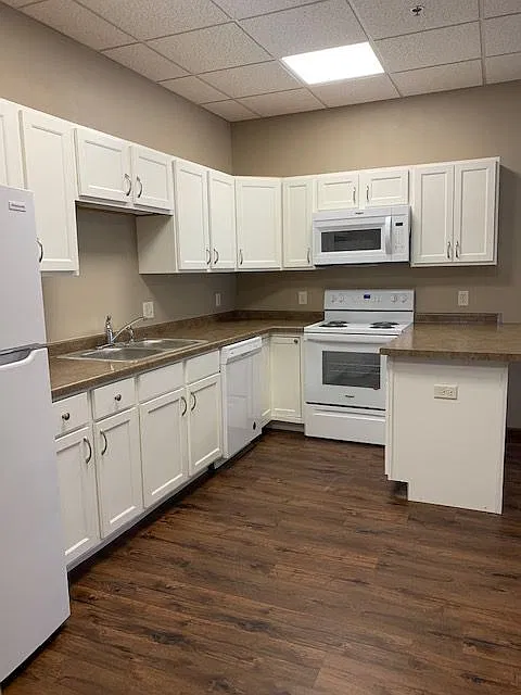 Modern kitchen with elegant white cabinetry, stainless steel appliances, and rich wood flooring, perfect for culinary creativity.