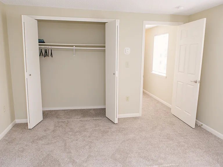 View Of Master Bedroom Large Closet. Carpet, White Doors And Two Tone Paint.