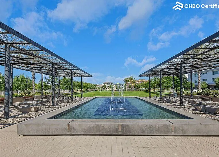 Lounge at this relaxing water fountain park steps away