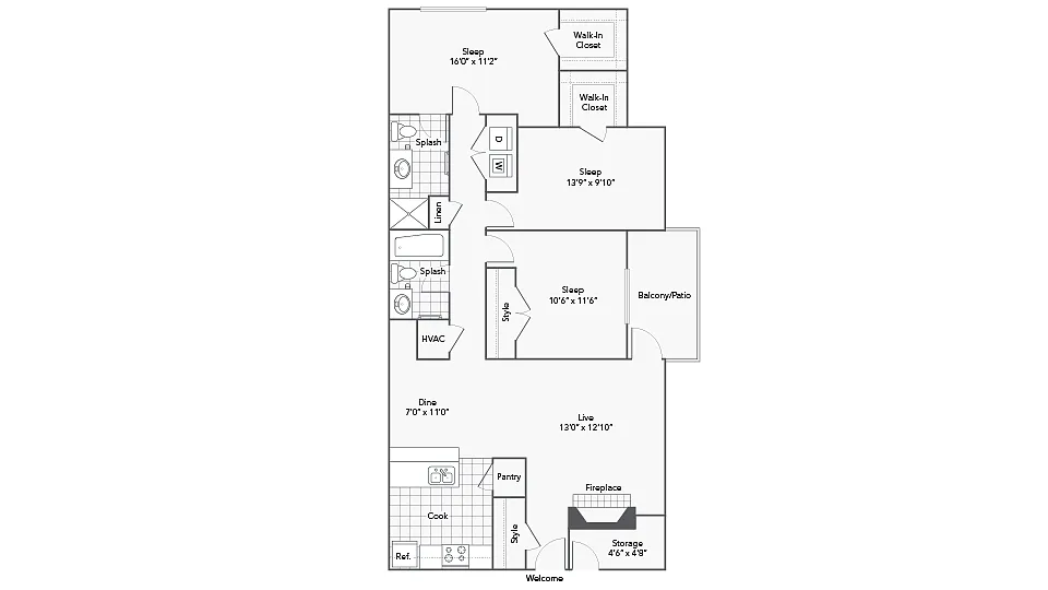 Floor plan 3 Bed 2 Bath Washer Dryer A