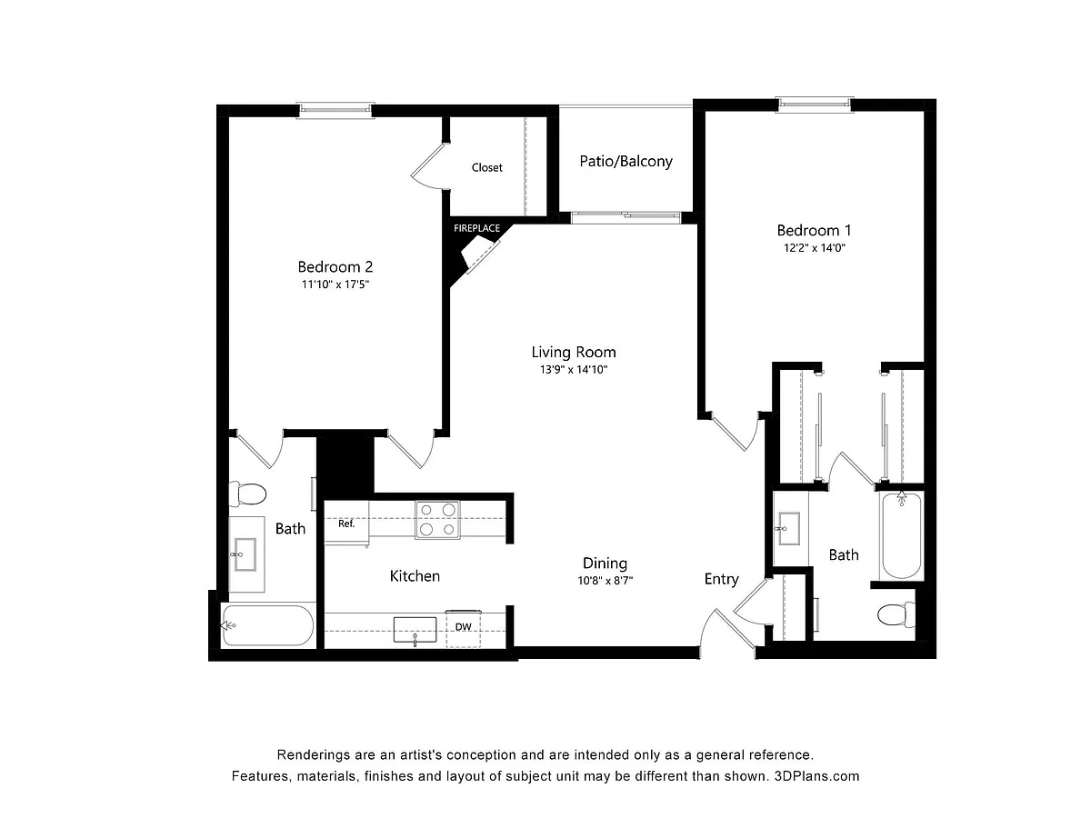 Floor plan 2 Bed, 2 Bath - 120 W Chestnut