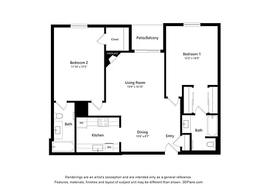 Floor plan 2 Bed, 2 Bath - 120 W Chestnut