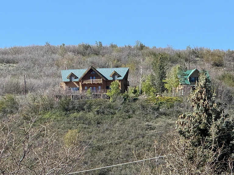 View of the cabin and garage from down the hill