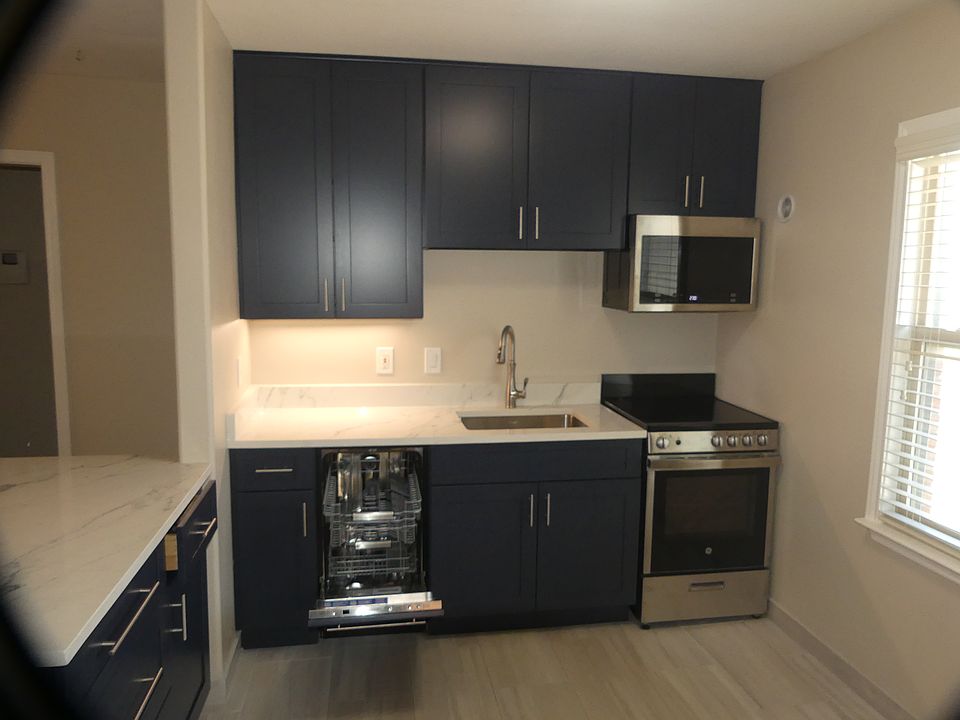 kitchen view: 18" dishwasher, undercounter sink and LED lights, 24" stove and microwave hood,