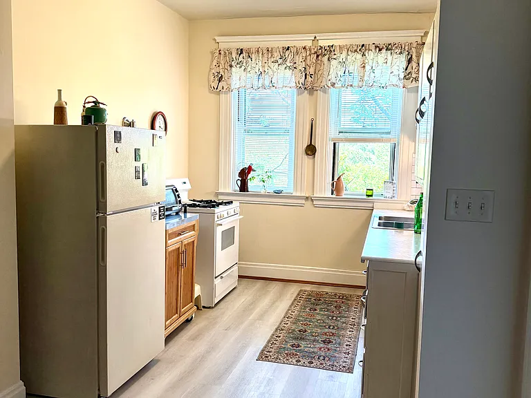 The wall on the left shows the refrigerator, gas stove and microwave cart.