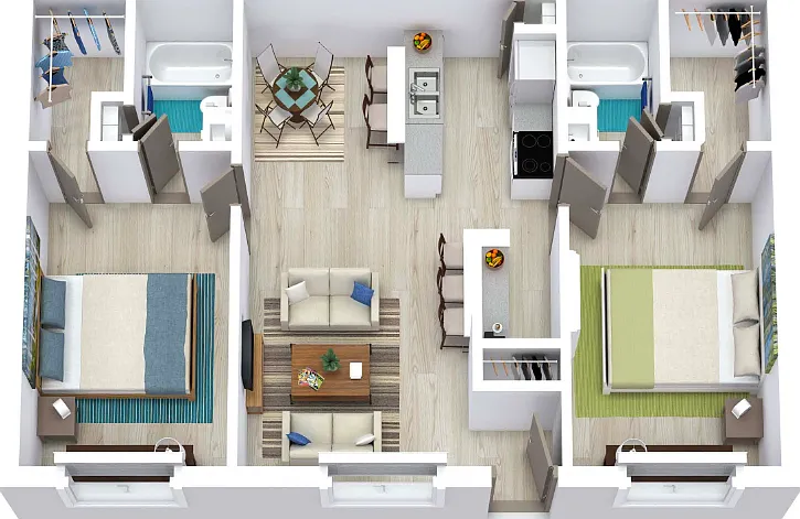 2 Bed 2 Bath 1030 Floorplan Diagram