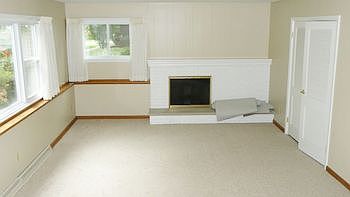 Lower level family room with fireplace and new carpet.