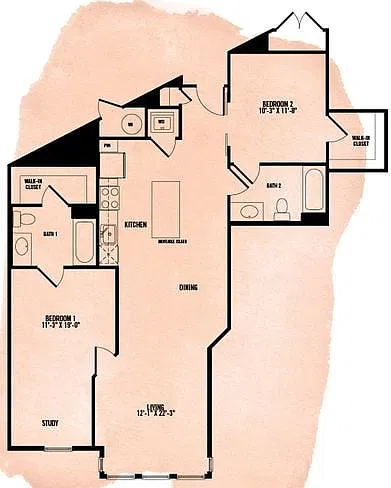 Floor plan Portland Flats B9 1 Bed 2 Bath Den