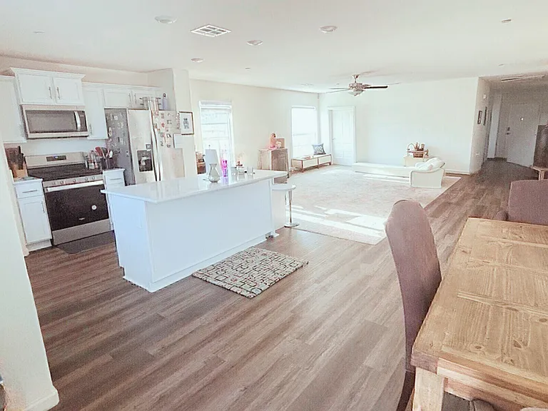 Living area, kitchen and dining
