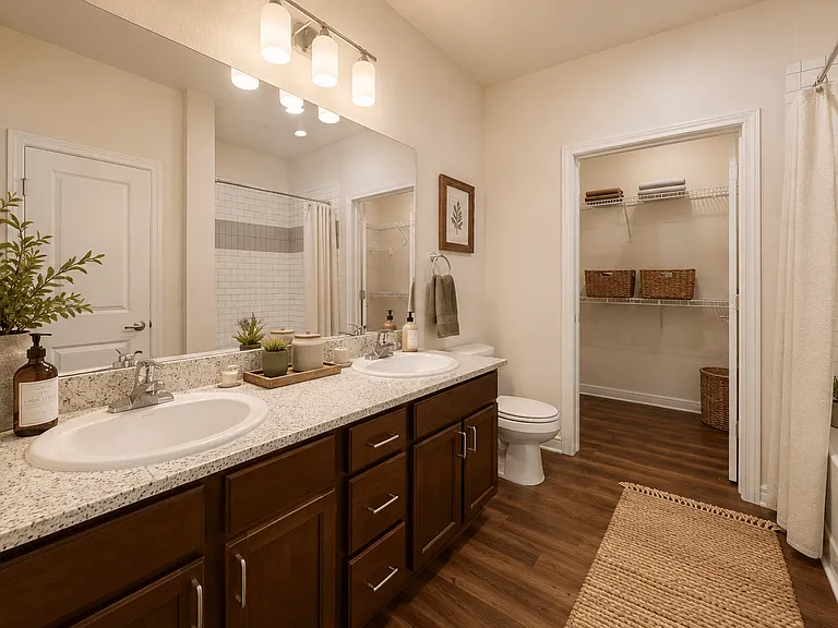 A bright, modern bathroom with plenty of storage and everyday convenience.