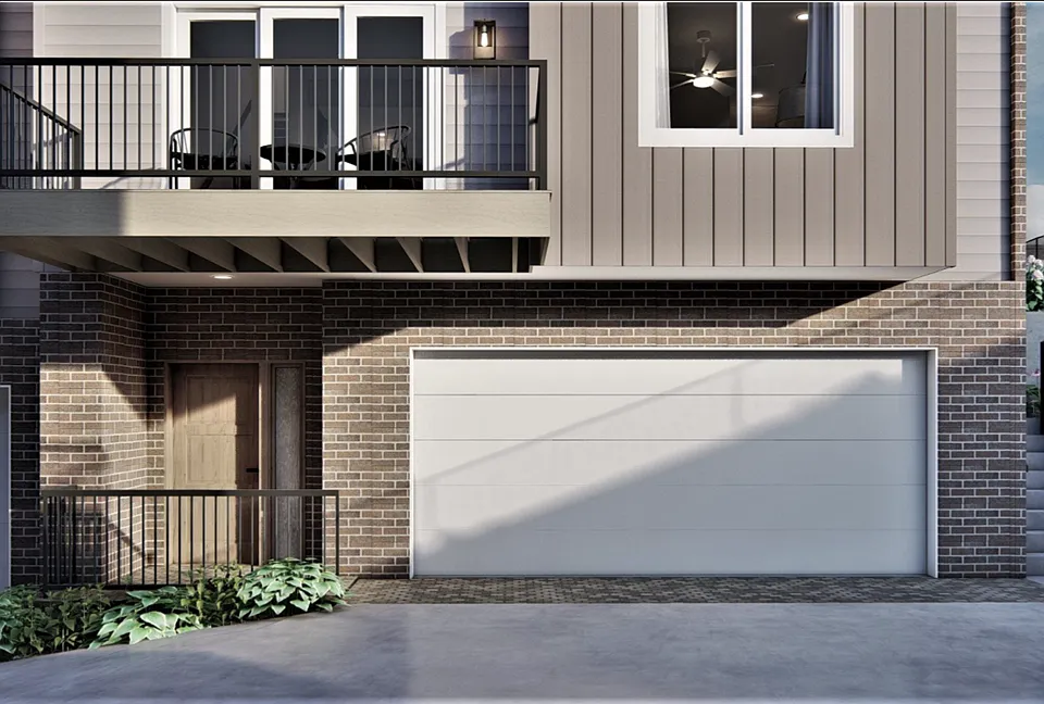 Front entrance rendering of a townhome at Lyric Townhomes.