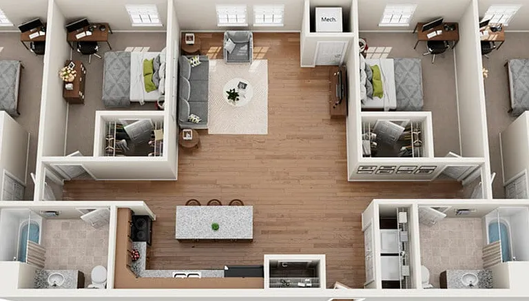 D1 Floor Plan | 4 Bedroom | University Hills | Toledo OH Student Apartments D1 Floor Plan | 4 Bedroom | University Hills | Toledo OH Student Apartments