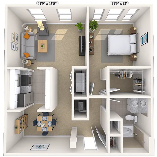 Floor plan Traditional 1x1 793-843 SF