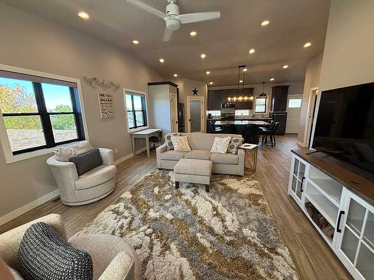 view from living room into kitchen