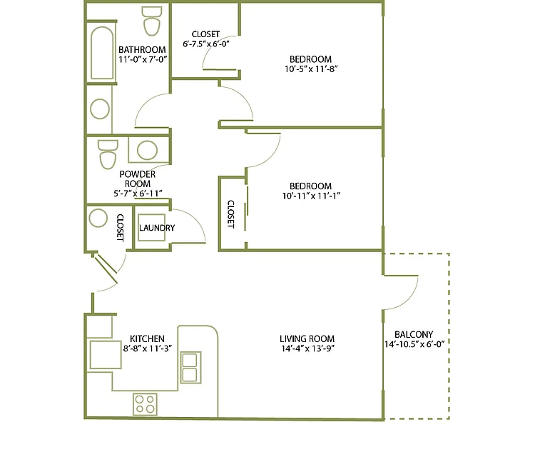 Floor plan 2 Bed/1 .5 Bath-C-1