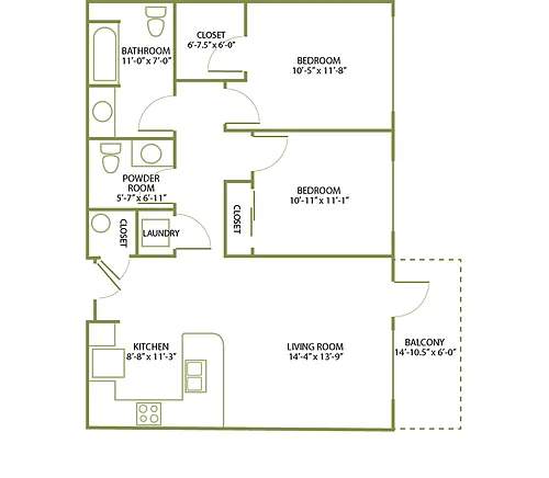 Floor plan 2 Bed/1 .5 Bath-C-1